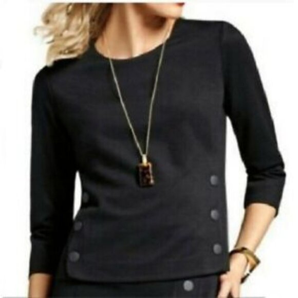 CAbi Utility Top Womens S Black Cropped Knit 3/4 Sleeve Snap Details Round Neck - Picture 2 of 9